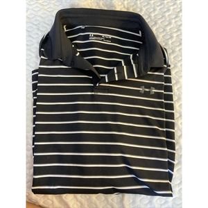 Men's Under Armour Golf Polo Shirt Size XL Black White blue stripes Loose Fit